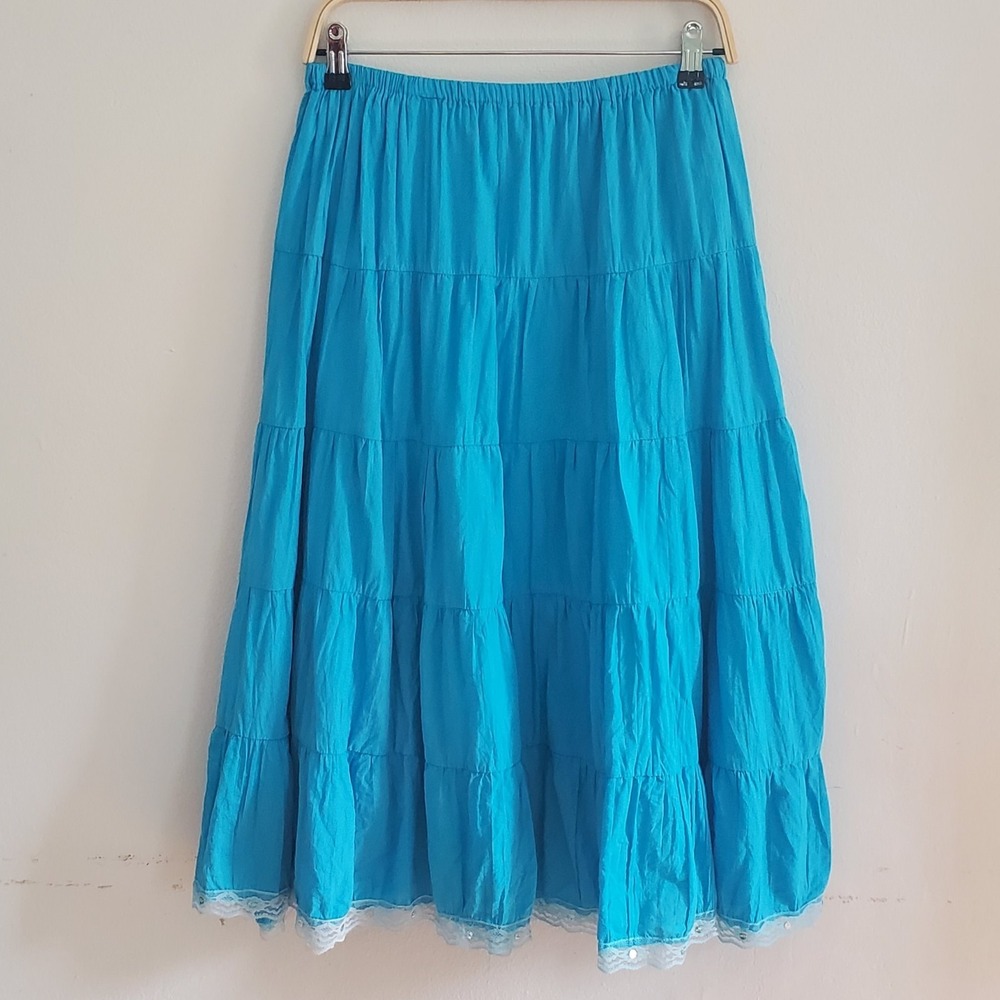 Metro Girl Vintage Skirt Turquoise Blue Tiered A-Line Coastal‎ Cowgirl Peasant